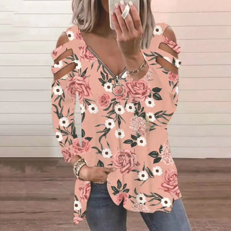 

Модная футболка на молнии с V-образным вырезом, футболка с длинным рукавом, топы, футболка с принтом и открытыми плечами, Женская Повседневна...