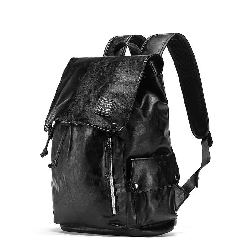 

Solid Black PU Leather Backpack Men school bags for teenage boy girls bookbag Business Laptop backbag Casual man Travel bag pack