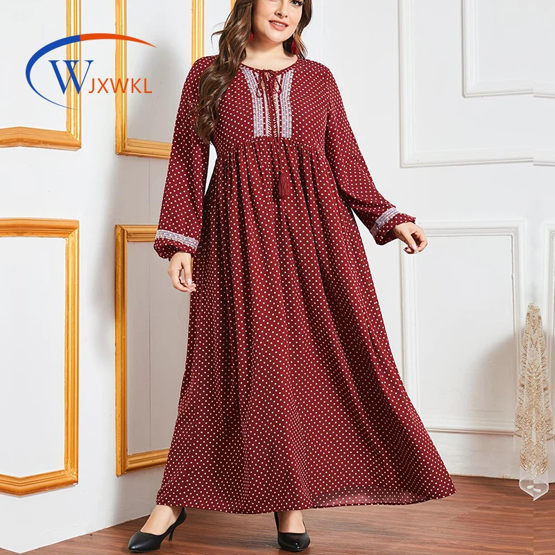 

WJXWKL 2021 Plus Size Women's Round Neck Tied Sleeve Fashion Dotted Prints Stitching Waist-Slimming Fashion Muslim Long Dress