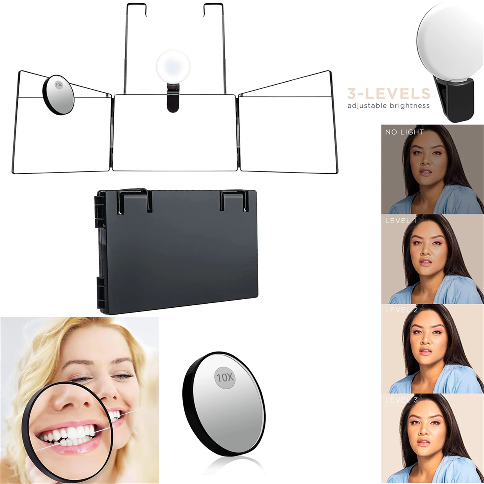 

Telescopic Hanging Trifold Makeup Mirror With Led Light 10x Magnification Mirror Portable Haircut Tool House Mirror Makeup