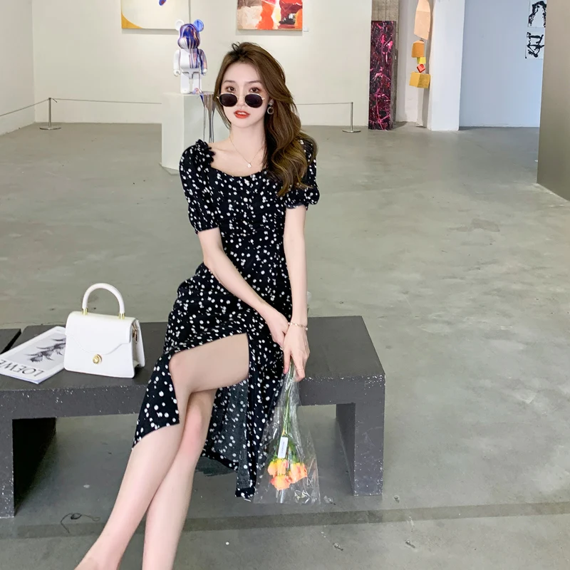 

Summer Women's Irregular Polka Dot Dress French Style Elegant Short Sleeve Front Slit Chiffon Dress Female