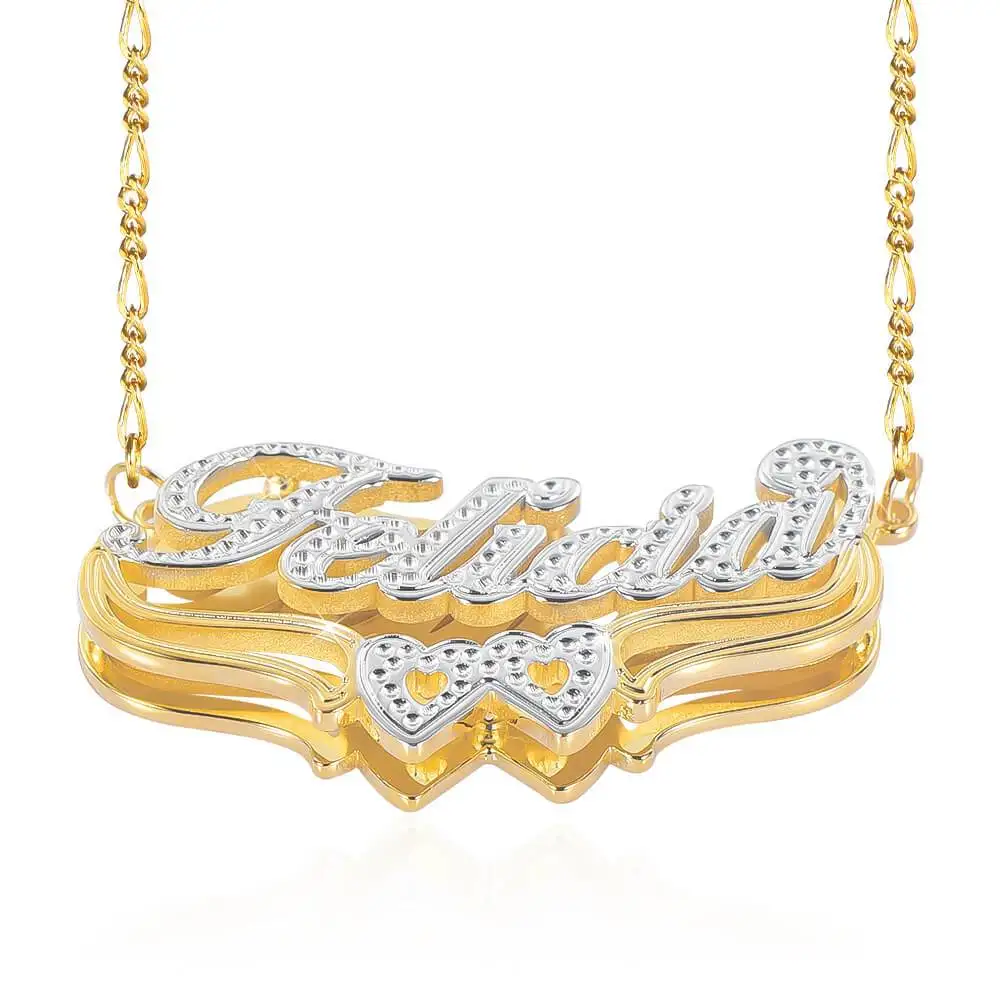 

Two Tone Gold Plated Personalized Hollow Heart Double Plate 3D Name Necklace Women Gift