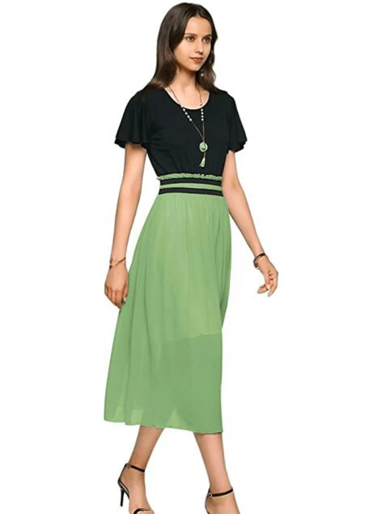 Женское шифоновое платье макси с высокой талией и оборками на рукавах|maxi dress|chiffon