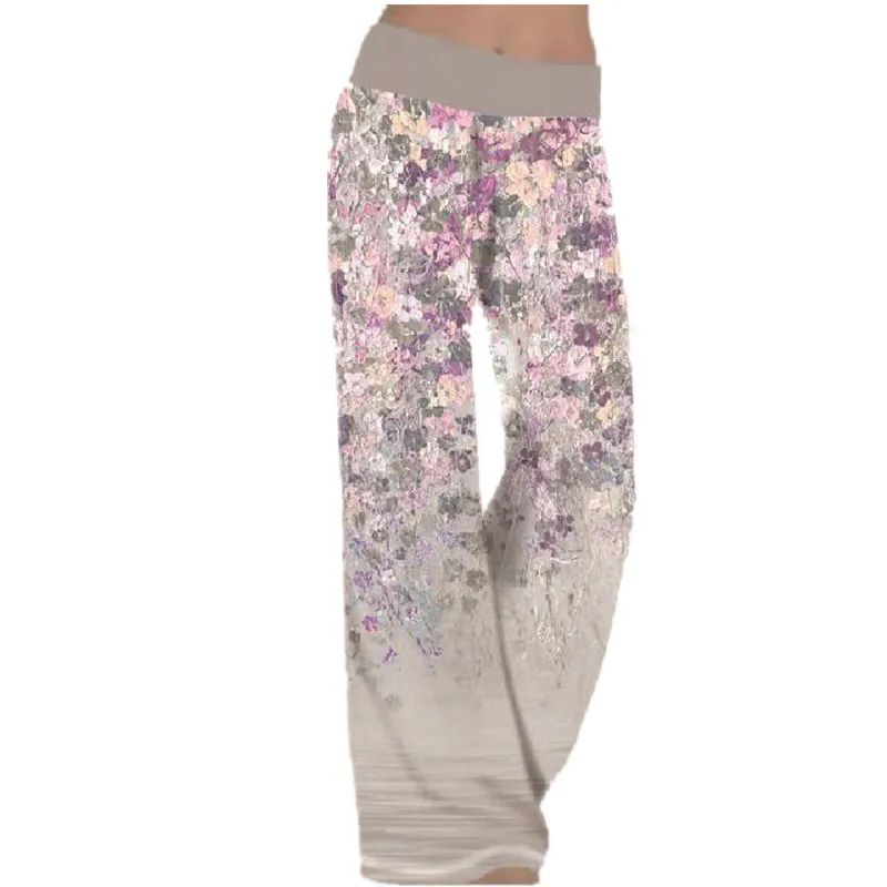 

Summer Women's Pants Fashion Flower Print Wide Leg Long Pants Straight Mid Wasit Cotton Sweatpants Elastic Woman Clothing