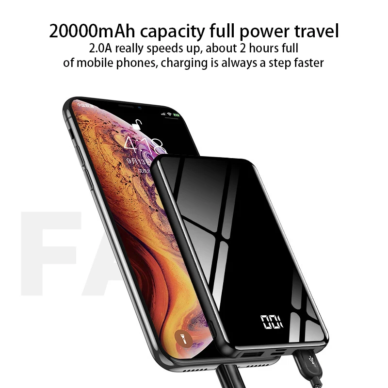 Портативное зарядное устройство 20000 мА/ч, мини внешний аккумулятор для Xiaomi, быстрая зарядка, 2 USB, 20000 мА/ч, внешний аккумулятор с зеркальным экраном