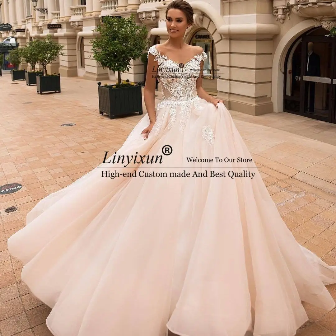 

Sexy Illusion Scoop Neck A Line Wedding Dresses Sleeveless Off Shoulder Appliqued Lace Bridal Gowns 2021 Vestidos de Novia