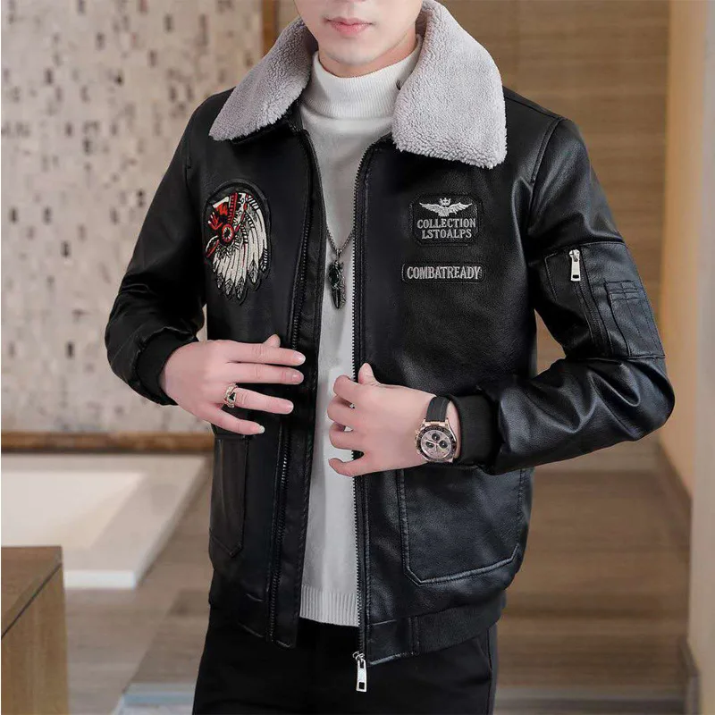 

New autumn winter young middle-aged men's PU leather jacket men's plus cotton thickening motorcycle pilot jacket faux fur coat