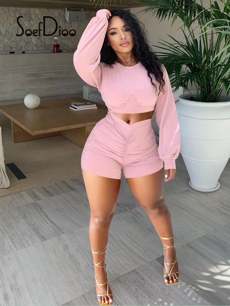 

Женский спортивный костюм Soefdioo, комплект из двух предметов: укороченный Топ с длинным рукавом и шорты-рубашки, уличная мода, осень 2021