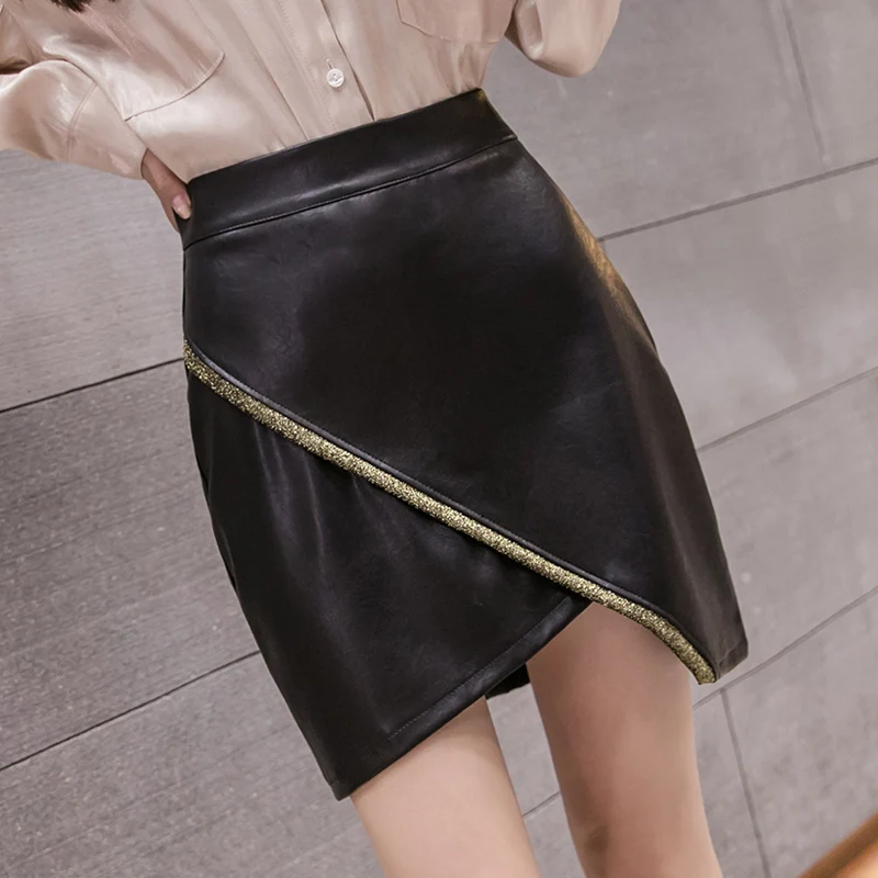 

Autumn winter sexy short leather skirts women black irregular high waist bag hip pencil skirt ladies casual thin pu mini skirt