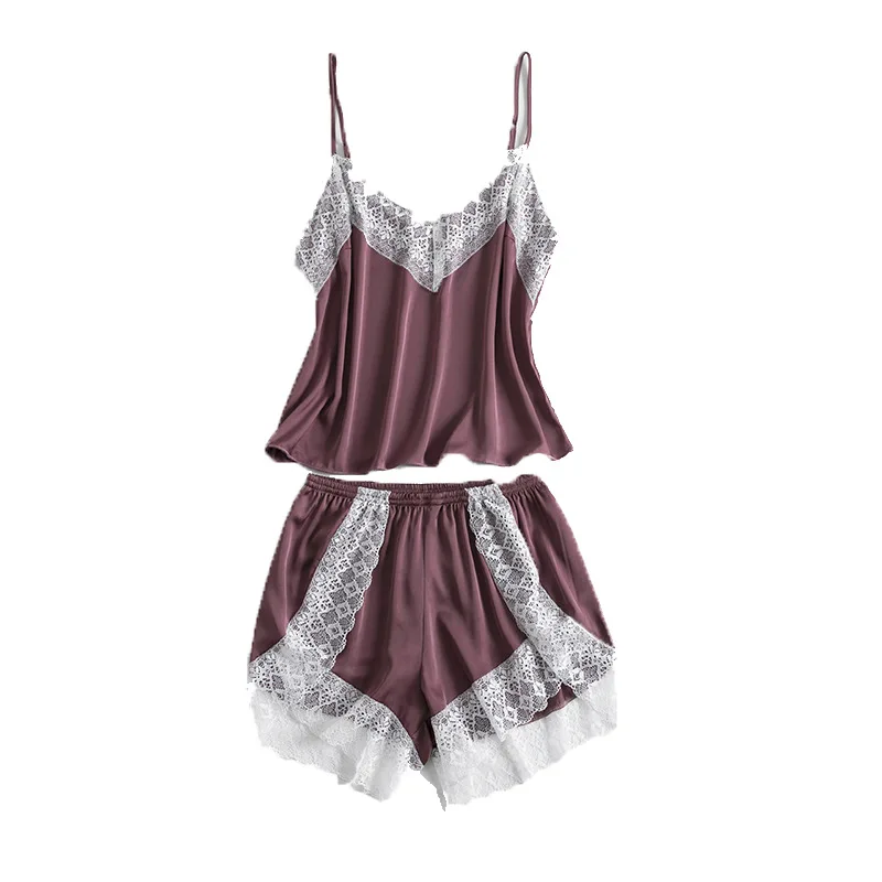 

2PCS Pajamas Suit Nightwear Intimate Lingerie Lace Sexy Female Home Clothing Satin Nighty&Shorts Sleepwear Homewear Nightgown