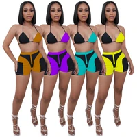 summer 2 pcs work out tracksuit for women patchwork print strap halter bra crop top shorts two piece set sexy skinny party club