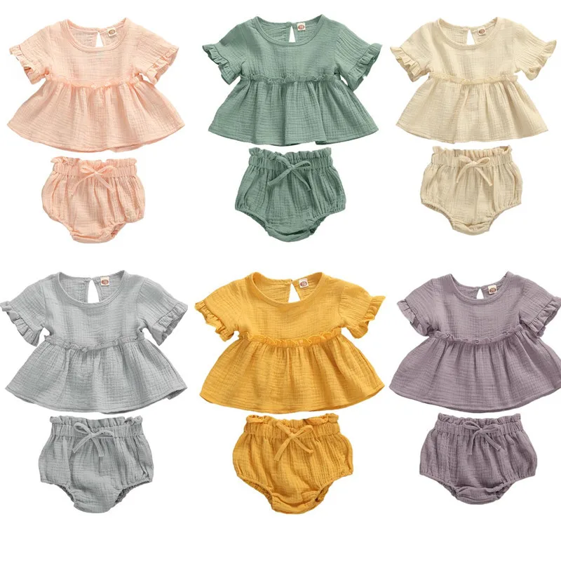 0-24M Newborn Infant Baby Girls Solid Cotton Linen Clothes Sets Ruffles Short Sleeve Tops Dress Shirt+ Shorts 2pcs Sets