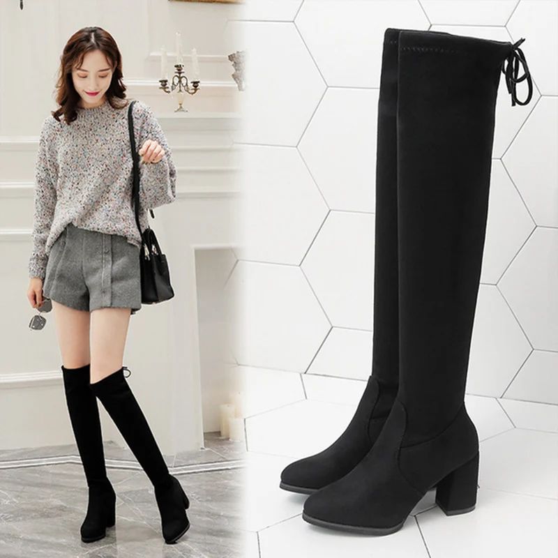 

Women Warm Knee High Boots Winter 2021 Woman Flocks Party Shoes Ladies Fashion Fur High Heels Lace Up Long Boots Female Footwear