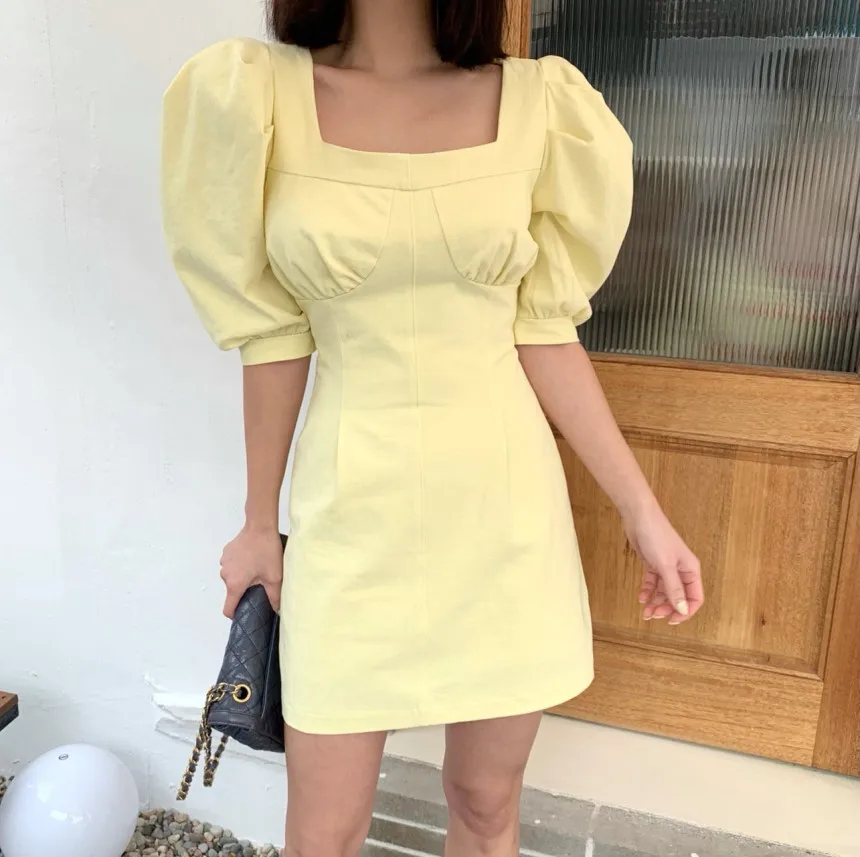 Корейское шикарное милое молодежное платье с квадратным вырезом и пышными