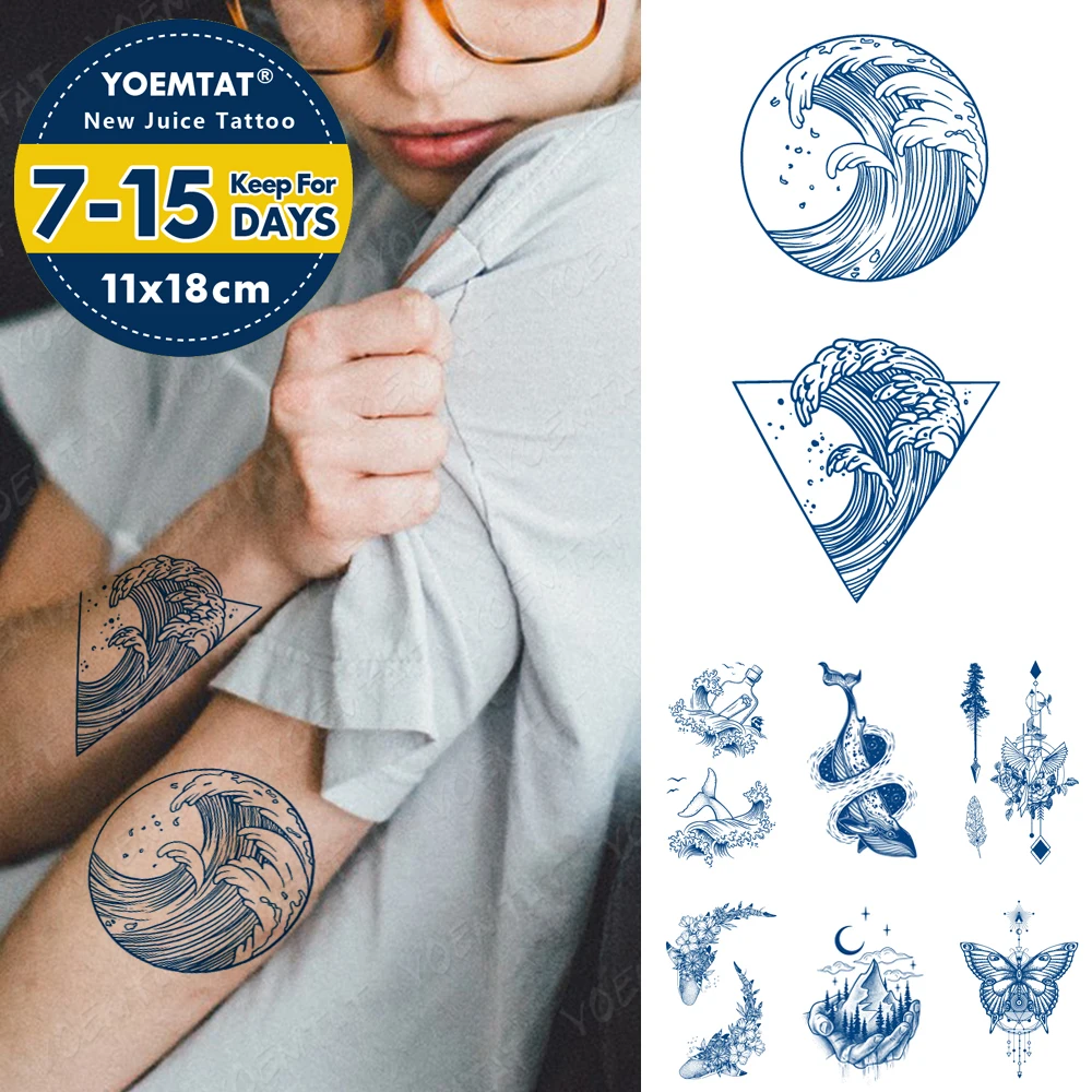 

Juice Lasting Ink Tattoos Body Art Waterproof Temporary Tattoo Sticker Simple Whale Lines Tatoo Arm Fake Waves Ocean Tatto Women