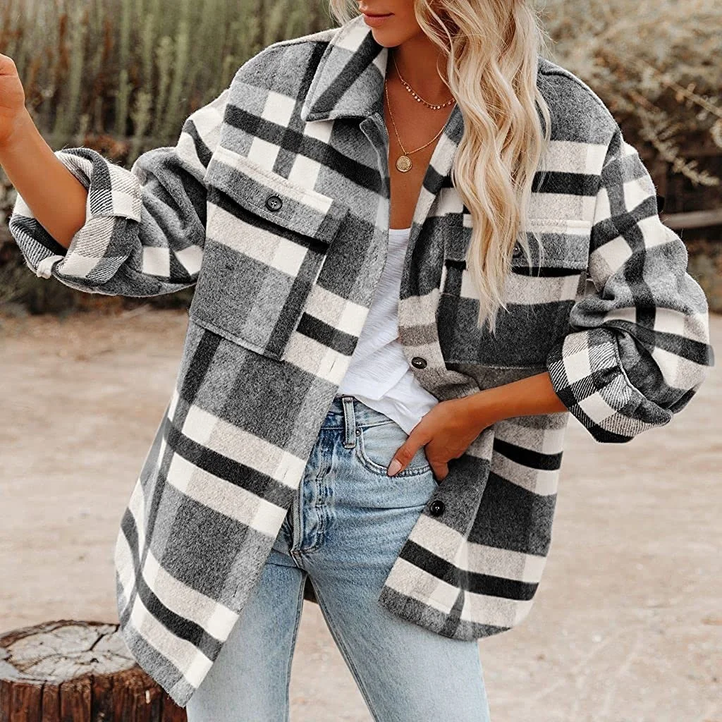 Women's 2022 Pattern Printed Shirt Buttom Long Sleeve Tops Autumn Winter New Plaid Button Shirt Flannel Coat