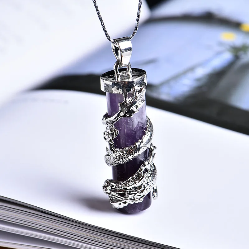Amethyst 1 шт. натуральный кристалл минеральные ювелирные изделия дракон кулон в форме колонны guardian Мода Пара кулон ожерелье DIY подарок орнамент - Цвет: Amethyst
