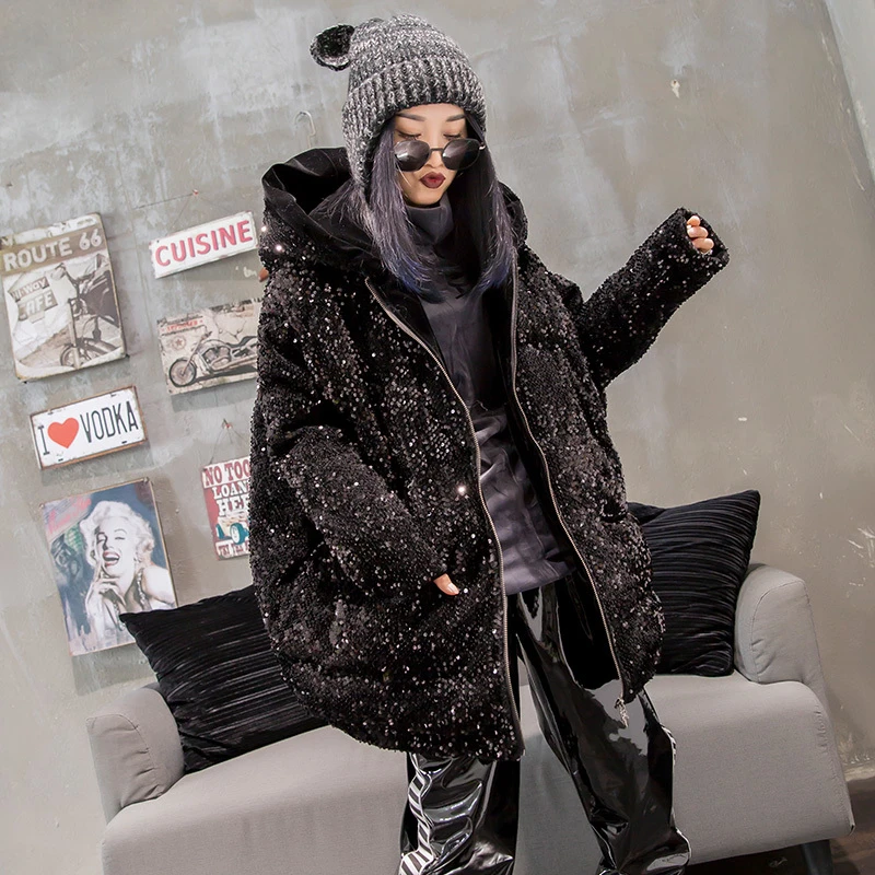 Модная зимняя куртка женская парка с капюшоном уличная блестками на хлопковой