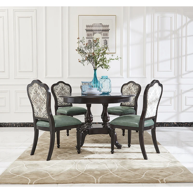 Раздвижной деревянный обеденный стол искусственный и синий кожаный стул WA640 |