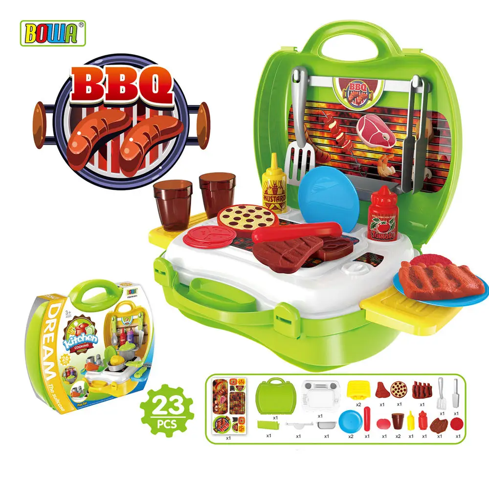 

[Funny] Play house toy 35pcs/set Child simulation fun cook kitchen toy food pizza , Cinema snack bar , BBQ toolkit suitcase toys