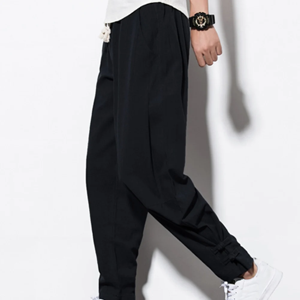 Брюки мужские повседневные с завязкой и карманами размера плюс шаровары из