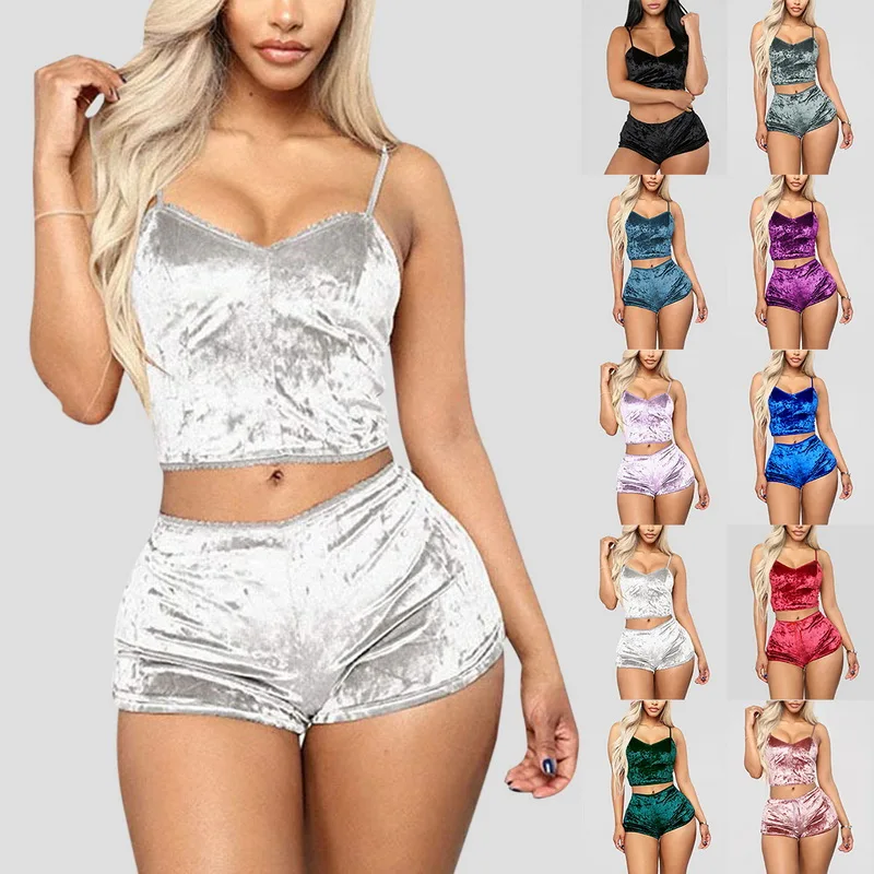 

Ladies Pajama Set Cute Print Pattern Sleepwear Silk V Neck Sexy Pijama Satin Night Home Suits Wear Sleeveless Top And Shorts