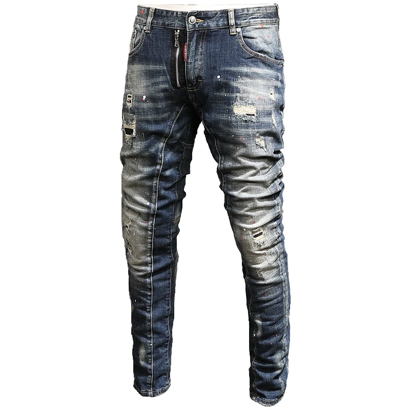 Mens Fashion Dots Printed Blue Ripped Jeans Men Zipper Decoration Slim Fit Pencil Pants Casual Cotton Denim Trousers