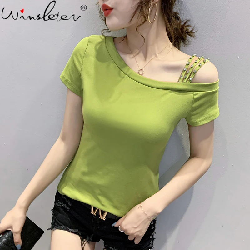 

Summer Korean Style Cotton Solid T-Shirt Fashion Sexy Off Shoulder Skew Collar Shiny Rivet Women Tops Short Sleeve Tees T15412A