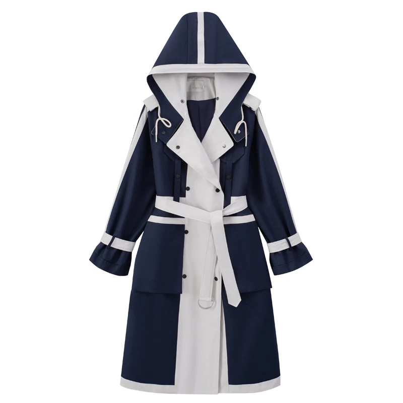 

High Quality 2021 Autumn Windbreaker Spring New Hooded Collar Hit Color Loose Trench Coat Women With Belt Fashion Tide FY169