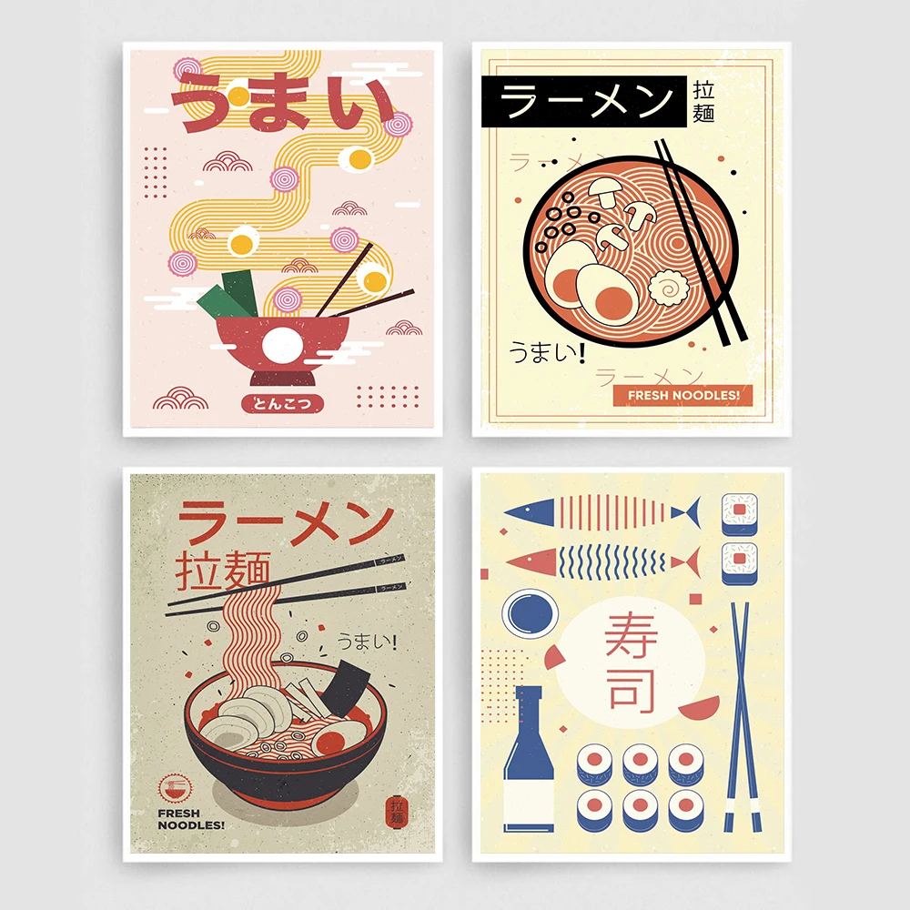 

Ramen Noodles with Eggs Canvas Poster Vintage Japanese Sushi Food Painting Retro Kitchen Restaurant Wall Art Decoration Picture