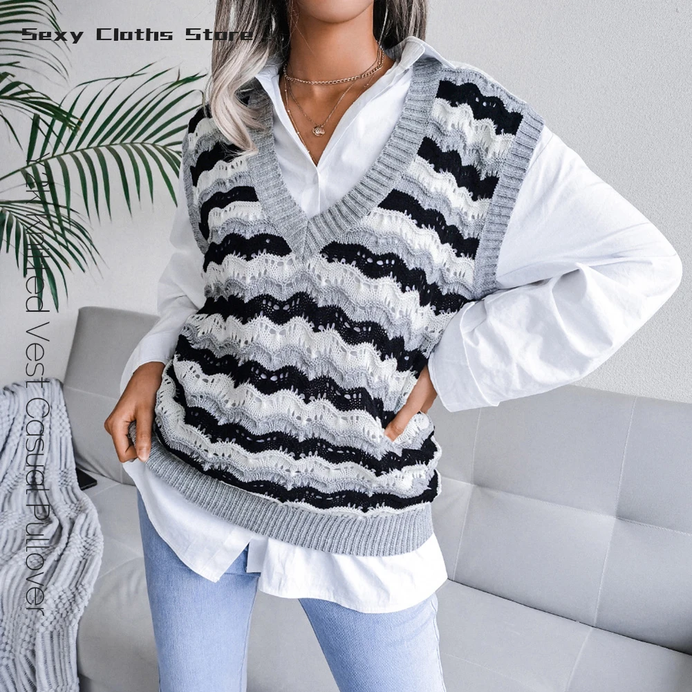 

2021 New Autumn College Style Loose V-neck Fashion Casual Vintage Sweater Style Popular Clothing Sleeveless