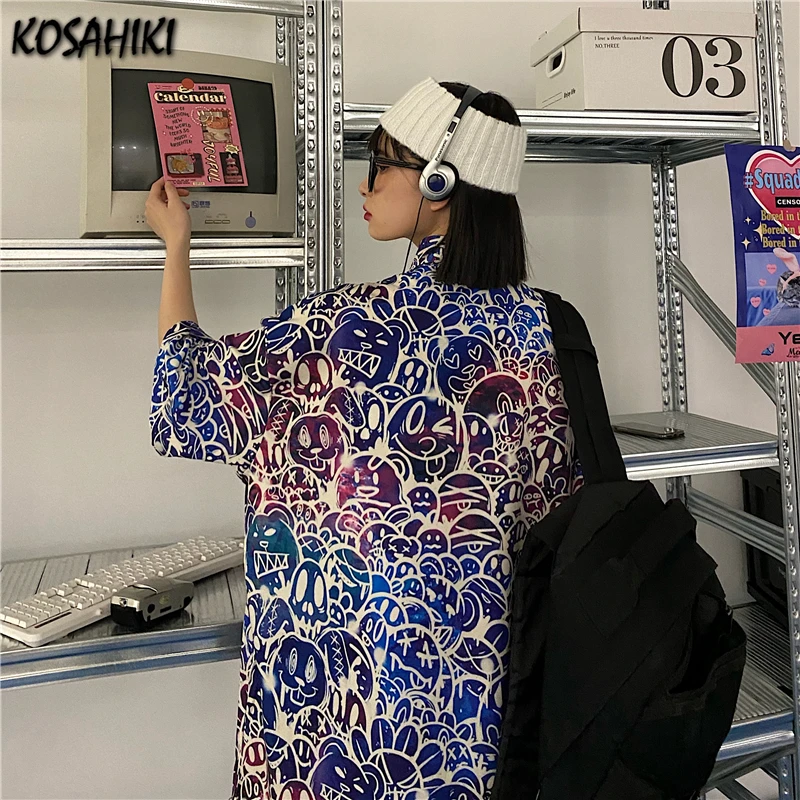 

KOSAHIKI Vintage Women Men Shirt Printed Blouse Top Harajuku Streetwear Summer Blouse 2021 Korean Japanese Punk Blusas Unisex