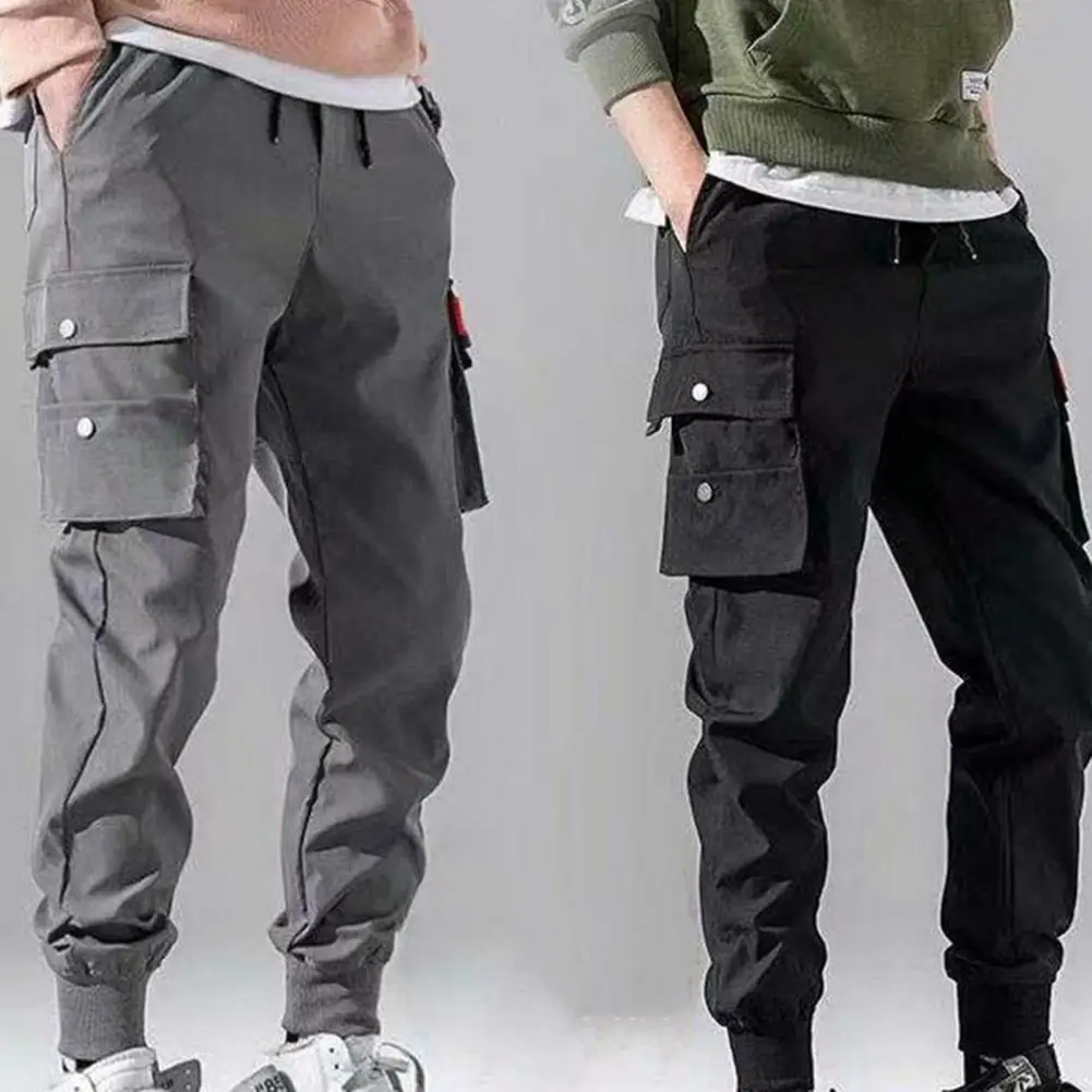 

Men Pants Multi Pockets Elastic Waistband Cotton Blend Ankle Tied Sports Jogging Trousers for Sports Beam Feet Cargo Pants