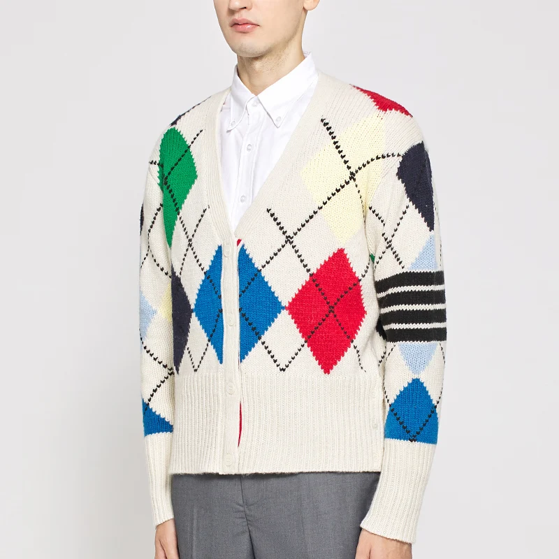 

TB THOM 2021 Fashion Brand Sweaters Men Slim Fit Cardigans Clothing Argyle White V-Ncek Wool Autumn Winter Thick Casual Coat
