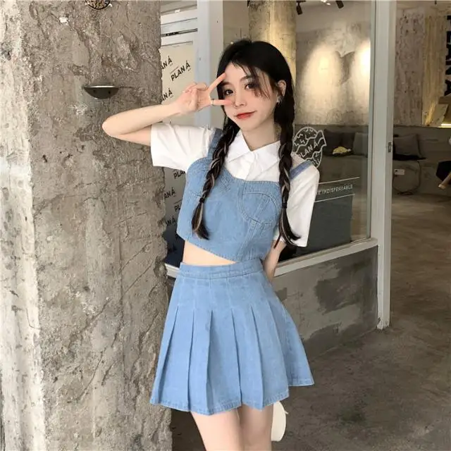 [Костюм-тройка] рубашка с коротким рукавом + джинсовая кофта облегающая