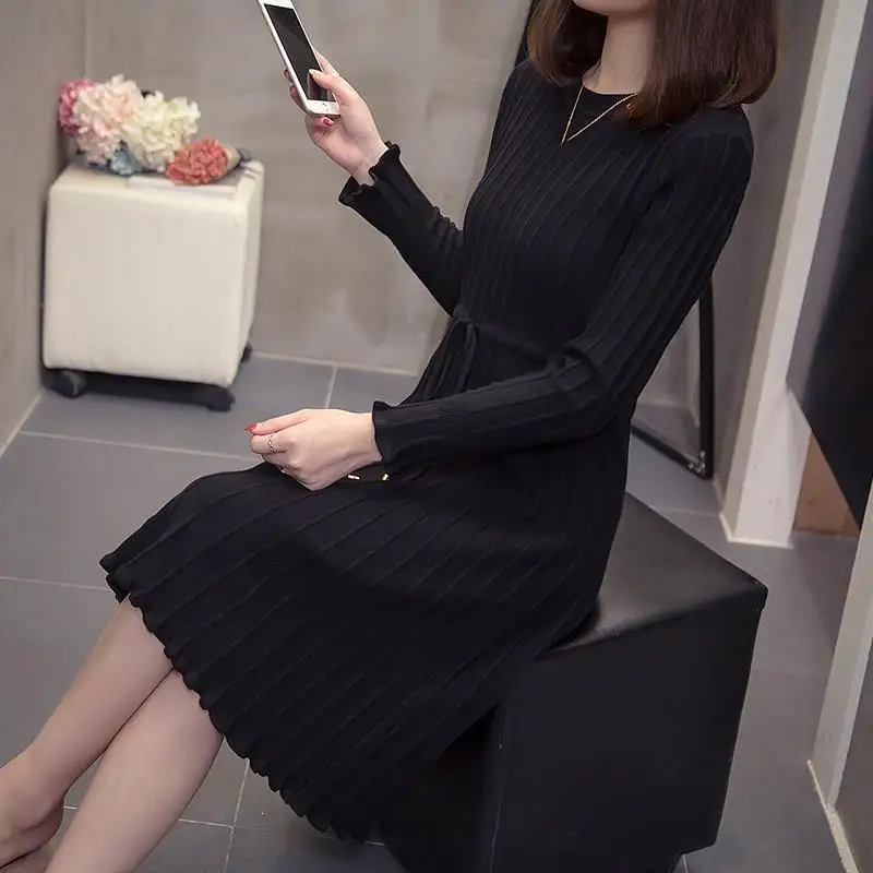 Длинное женское платье с круглым вырезом 2019 осеннее зимнее теплое