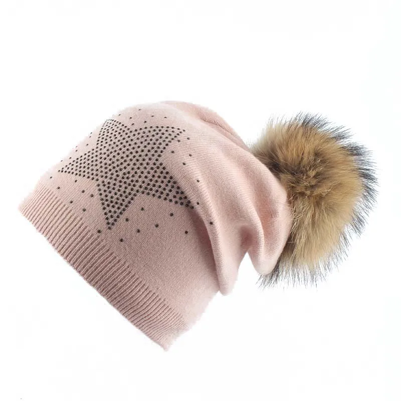 2019 зимняя женская шапка с натуральным мехом помпонами теплая шерстяная вязаная