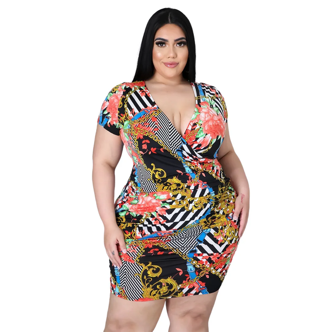 

Plus Size 5XL Women's Sexy V-neck Flower Gold Chain Print Pleated Dress Lounge Wear Loose Fat Womnen Cloth Wholesale
