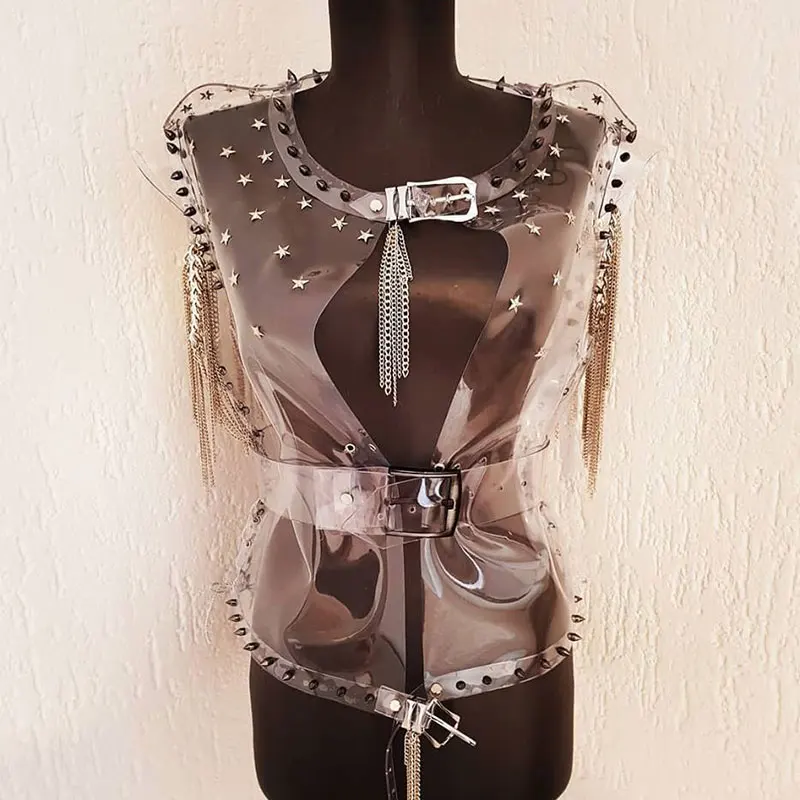 Прозрачный сценический костюм в стиле панк с заклепками цепочкой жилет хип хоп