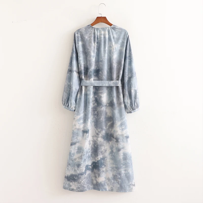 

Tie Dye Print Streetwear shirt Dress For Women Autumn Casual Loose Split Long dresses Blouse with sashes Elegant YNZZU 1D060