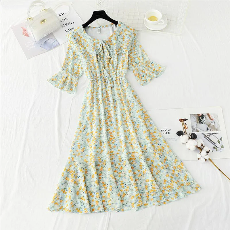 Small fresh Elegant Flare Sleeve Women Dress Summer Floral Print Sweet Chiffon Midi Dress Female Elastic Waist Ruffle Vestidos