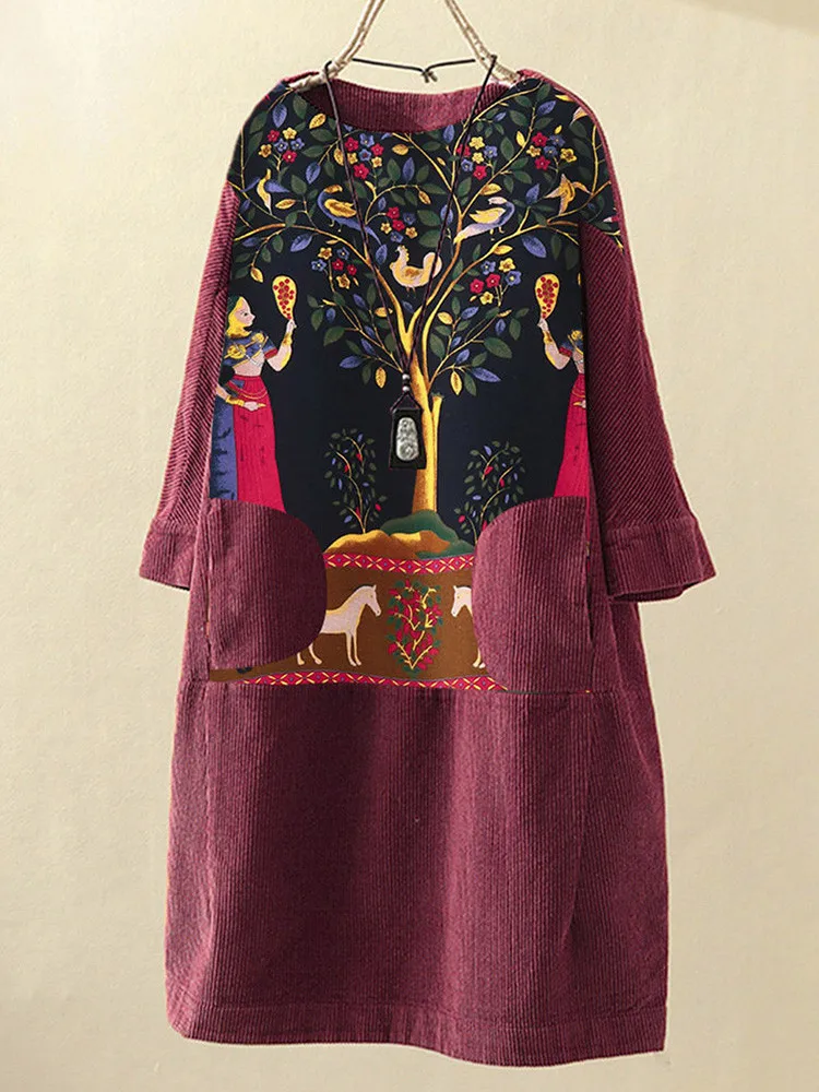 Женское винтажное вельветовое платье свободное с этническим принтом длинными
