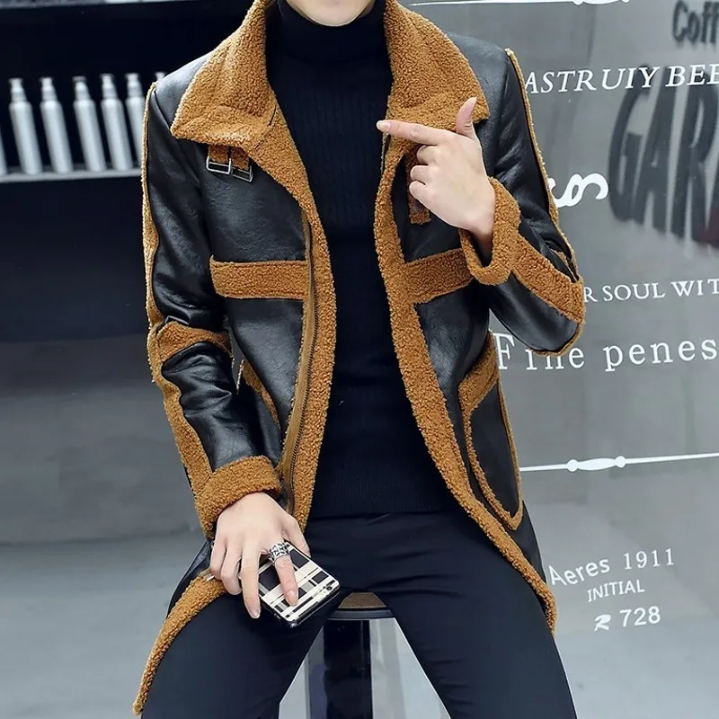 Модное мужское пальто средней длины из искусственной кожи с флисовой подкладкой