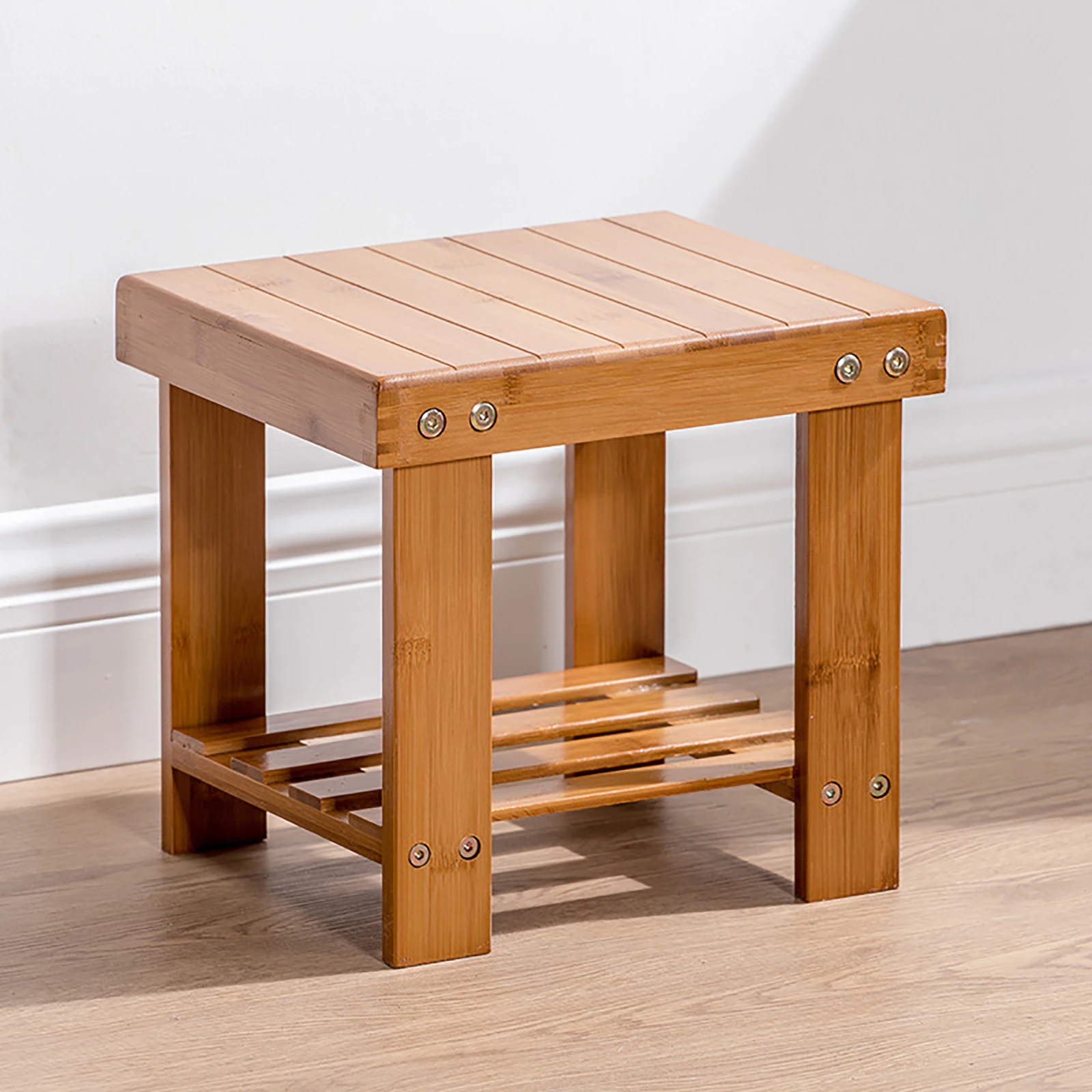 

Household Pastoral Style Square Stool, Living Room Entryway Bathroom Balcony Creative Bamboo Footstool Laundry Stool