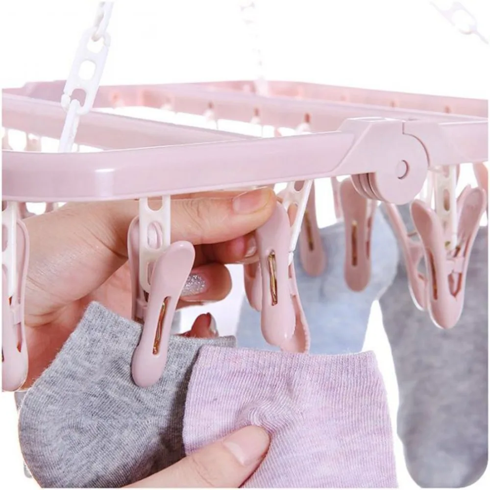 

Folding Clothes Hanger Towels Socks Bras Underwear Drying Rack With 32 Clips Plastic Space Saving Closet Organizer Hanger Rack