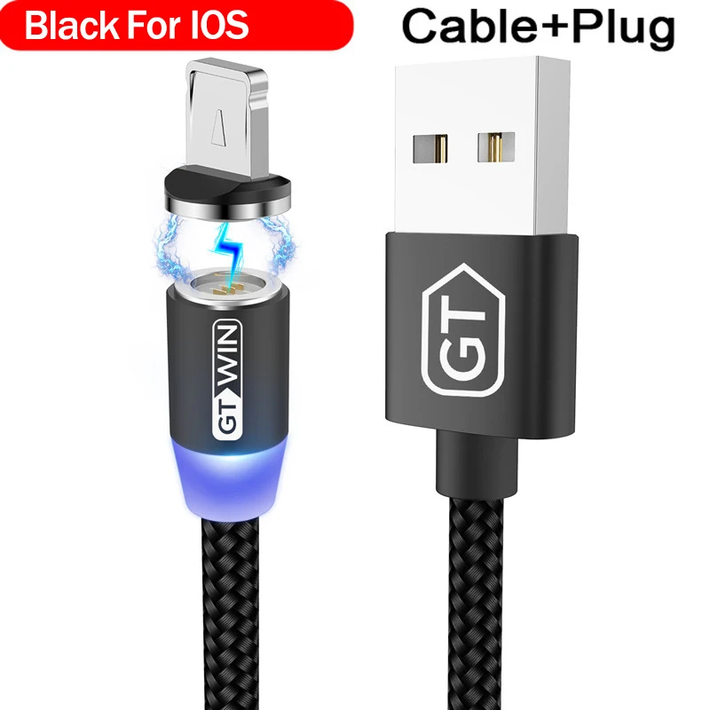 GTWIN 3A Магнитный кабель Micro USB кабель для iPhone Быстрая зарядка usb type C кабель для передачи данных для мобильного телефона Магнитный Шнур зарядное устройство 1 м/2 м - Цвет: For IOS Black