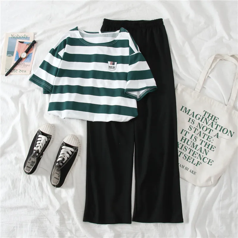 Casual Women Sets 2 Piece Relaxed Striped Short Sleeve Outfits T Shirt and Pants Suit Two Set Tracksuit Sweatsuit Clothes | Женская