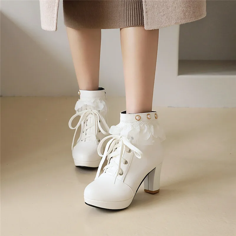 

YQBTDL Fashion High Heels Winter Ankle Boots Women White Black Lace Ruffles Tassel Princess Lolita Shoes Cross Tied Woman Bootie