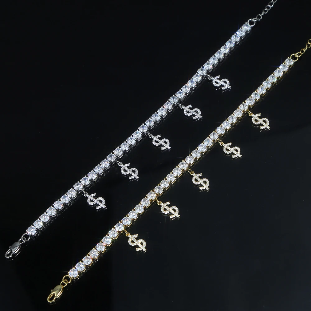 

New arrived Money Sign Anklet Bracelet Charm Wholesale for Women Gold Silver Color Jewelry 5mm tennis Link Chain Dollar Anklets