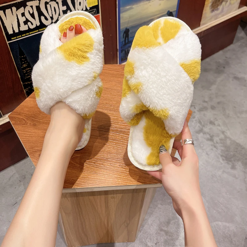 2021AutumnAnd Winter New Cow Pattern CrossPlushSlippers Female Flat-bottomedHousehold PlushCottonNon-SlipWear-Resistant Slippers